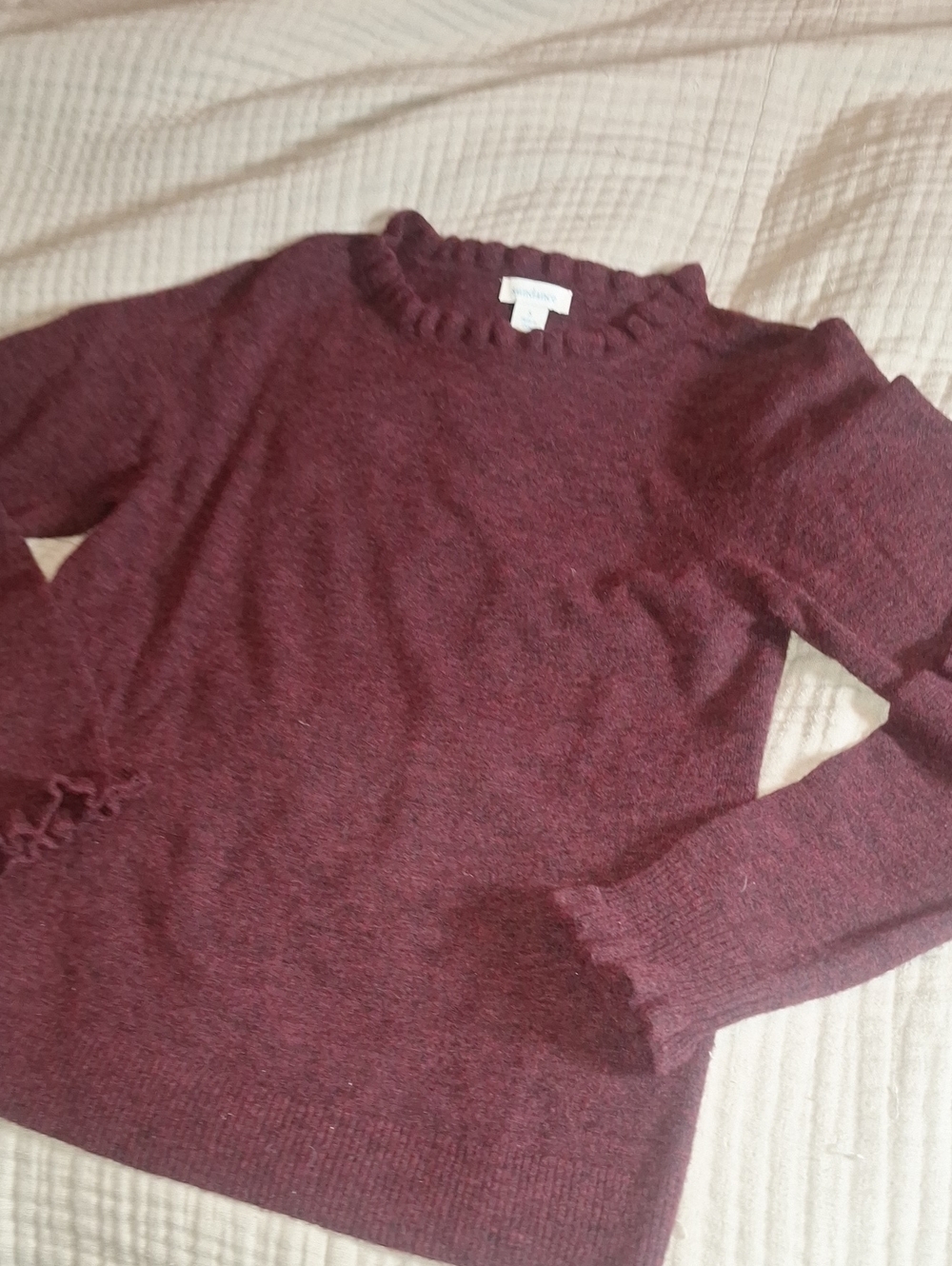 Sundance Women's Burgundy Ruffle Crewneck Sweater